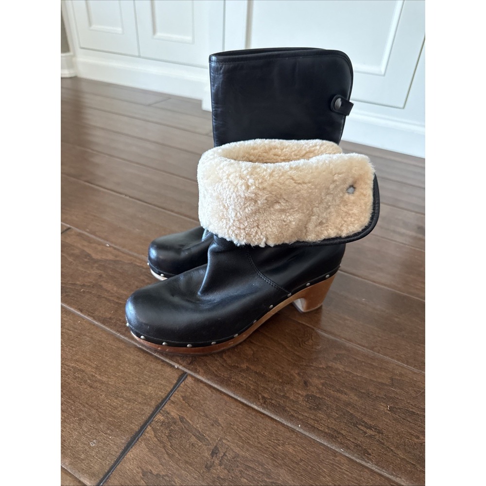 UGG Australia Emalie Women's Black Leather Sherpa Trim Ankle Boots Size US 8